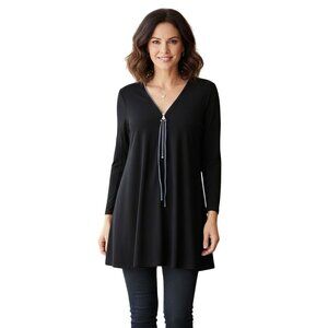 Vecceli Italy Black Zip Detail V Neck Long Sleeve Black Tunic Slit Sleeve Size M